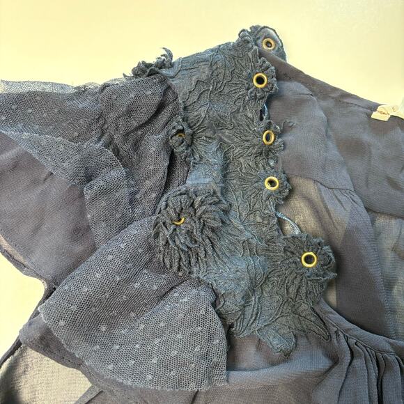 Willow and Clay Women's Large Sheer Top Blouse Navy Blue Floral - Picture 10 of 11